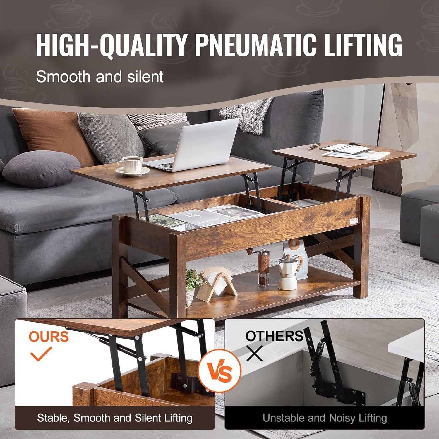 Lift Top Coffee Table with Storage, Pop-Up Wood Table 120cm for Living Room
