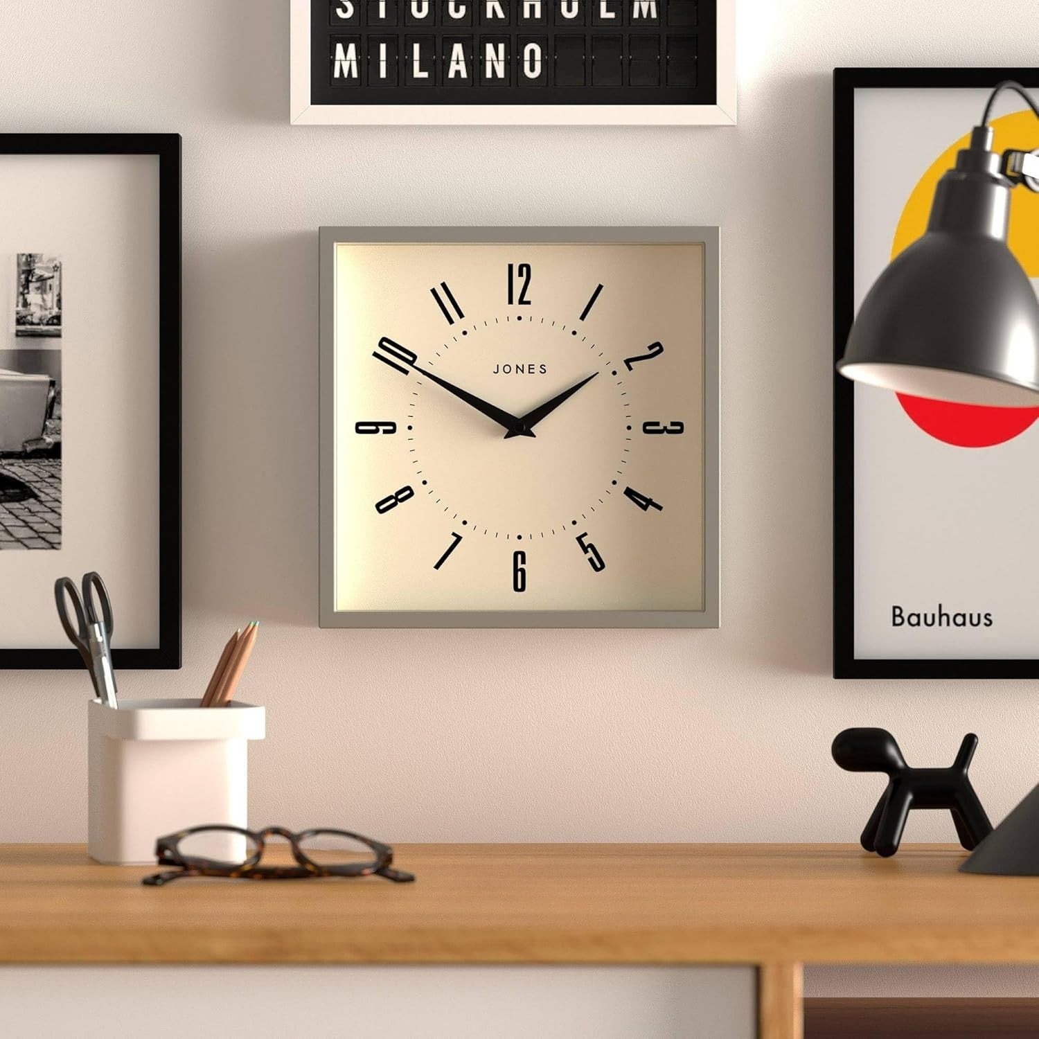 25cm Grey Square Wall Clock Retro Silent Quartz Easy Read Numbers Kitchen Office
