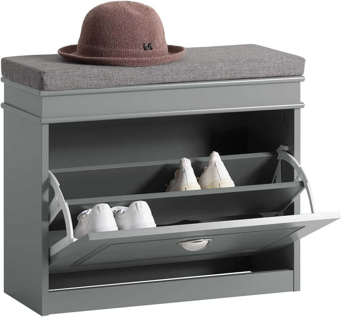 Narrow Shoe Storage Bench with Flip Drawer & Grey Cushion, 61x24x51 cm