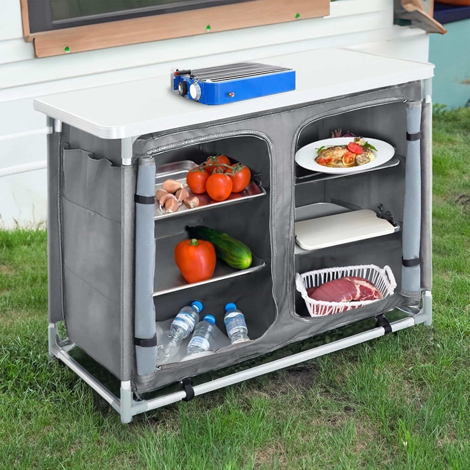 Outdoor Folding Camping Kitchen Table with Storage, Portable BBQ Prep Station