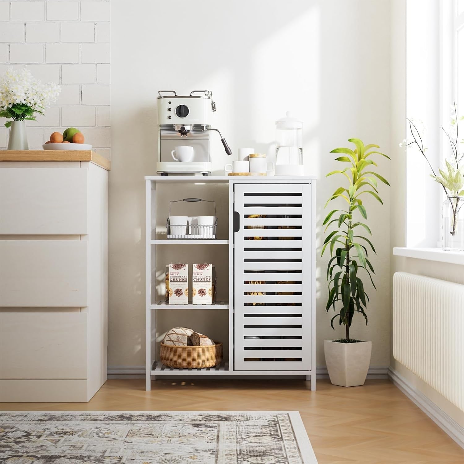 White Bamboo Storage Cabinet with Shelves Modern Cupboard 63x33x87cm