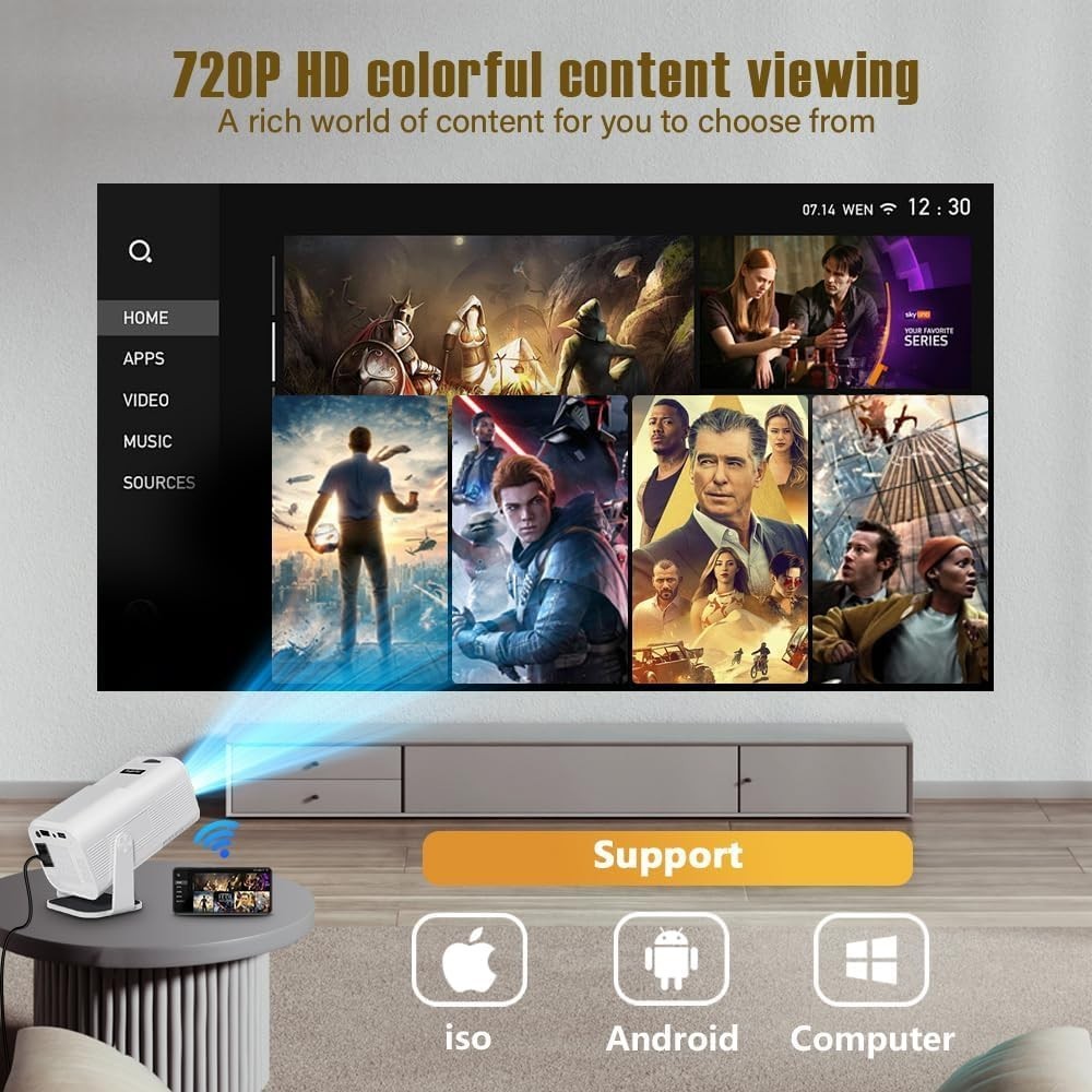 4K Smart Mini Projector WiFi 6 Bluetooth Android Portable White