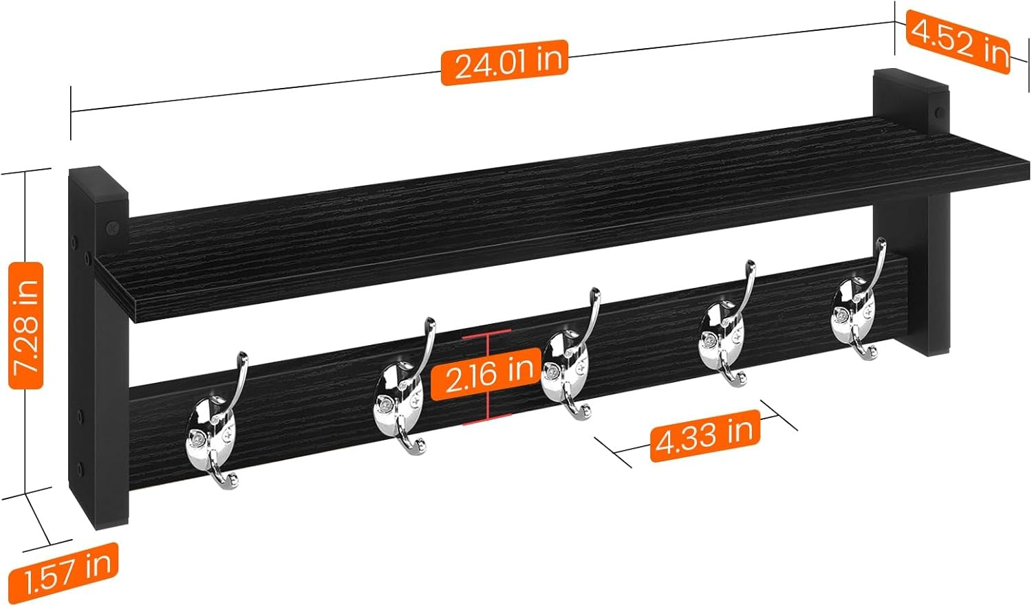 24in Wall Mounted Coat Rack with Shelf Black Entryway Hat Towel Bag Hooks