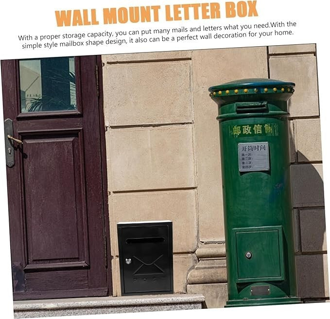 Lockable Wall Mounted Mailbox Black Iron Rainproof Post Box Secure Letter Holder