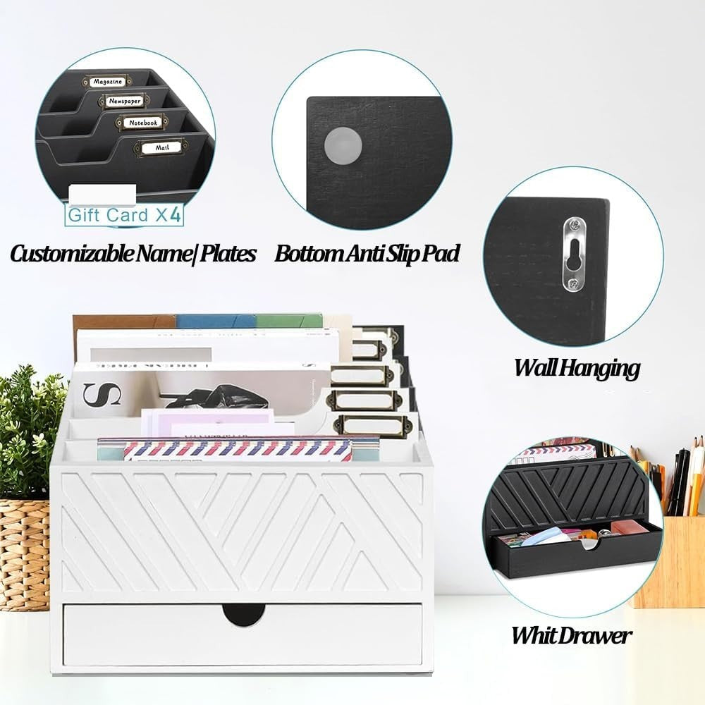 Wood Desk Organizer with 4 Compartments & Drawer – Mail, Files, Stationery