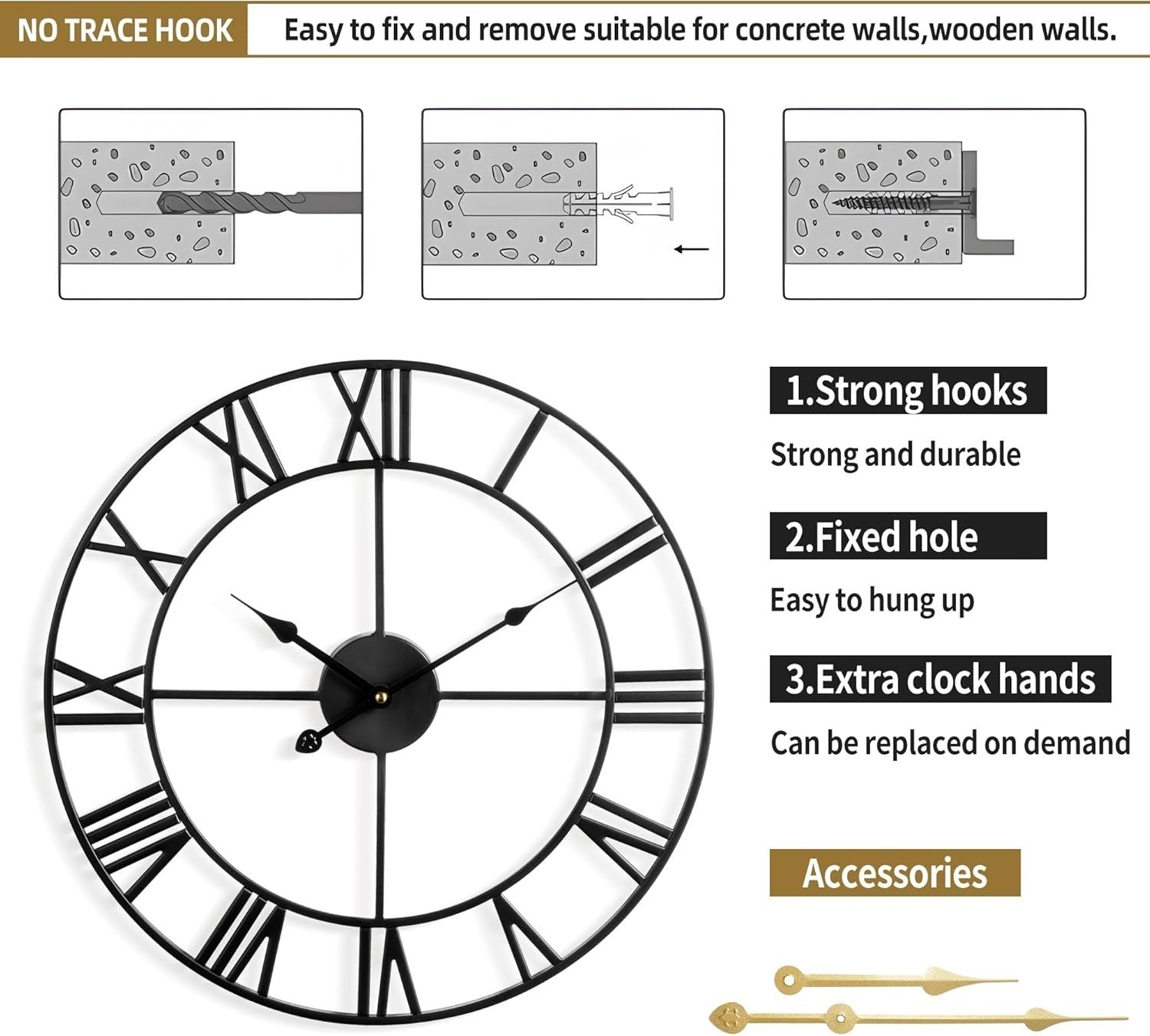 100cm Extra Large Silent Metal Wall Clock Roman Numerals Art Deco Black