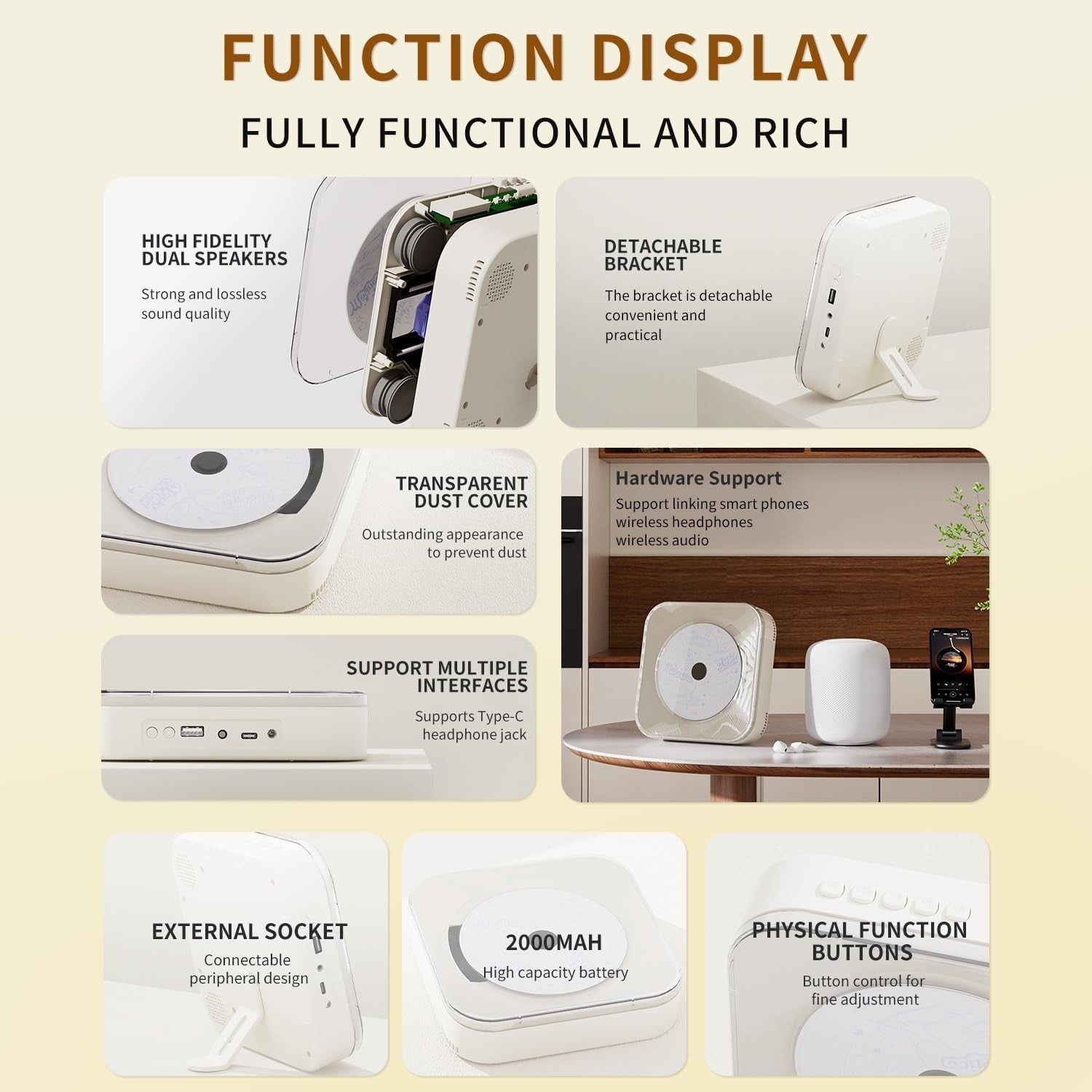 Portable CD Player Bluetooth Speakers USB Transparent Lid Compact White