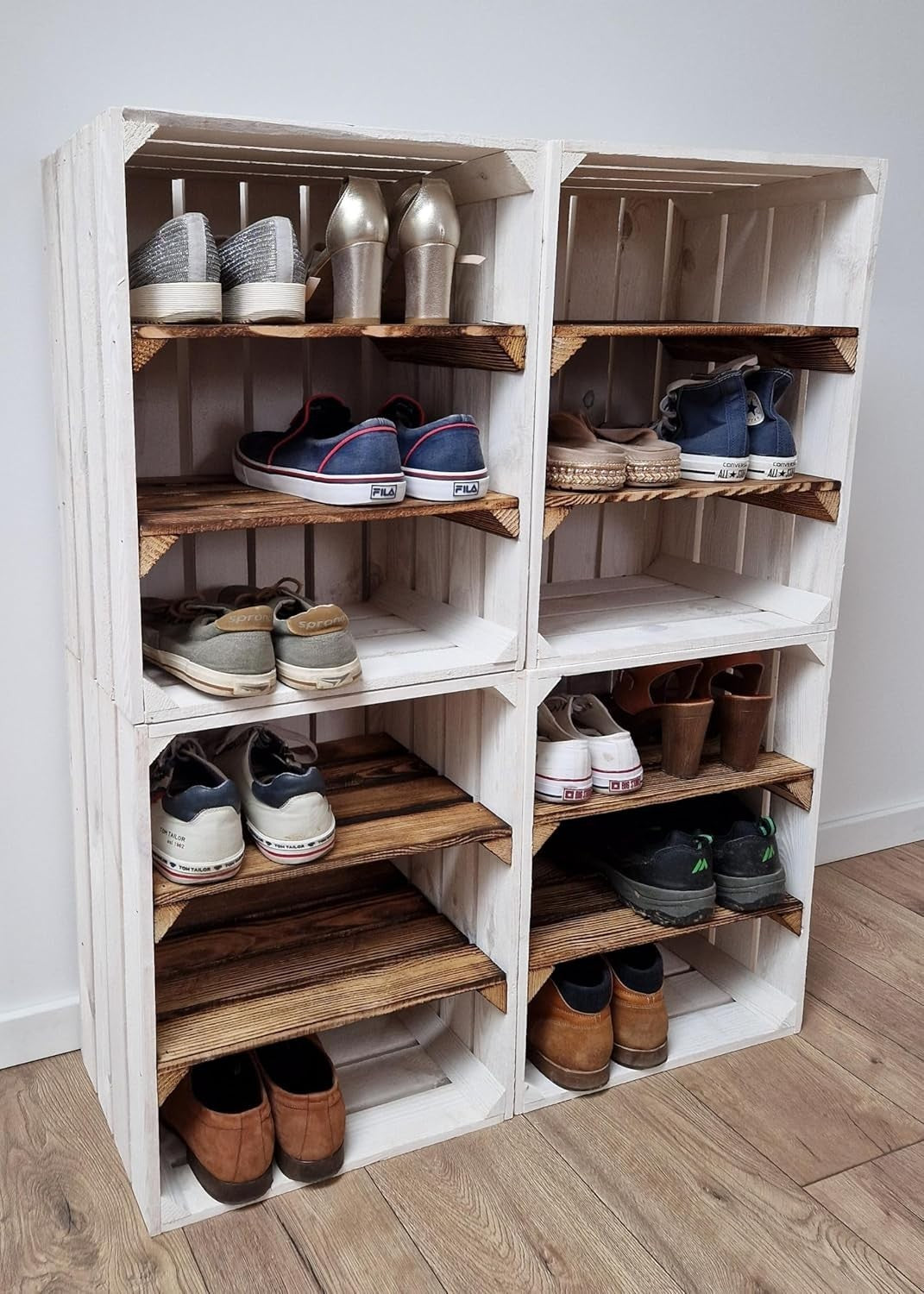 2-Tier Burnt White Wooden Crates Storage Shelf Organizer 50x40x30cm