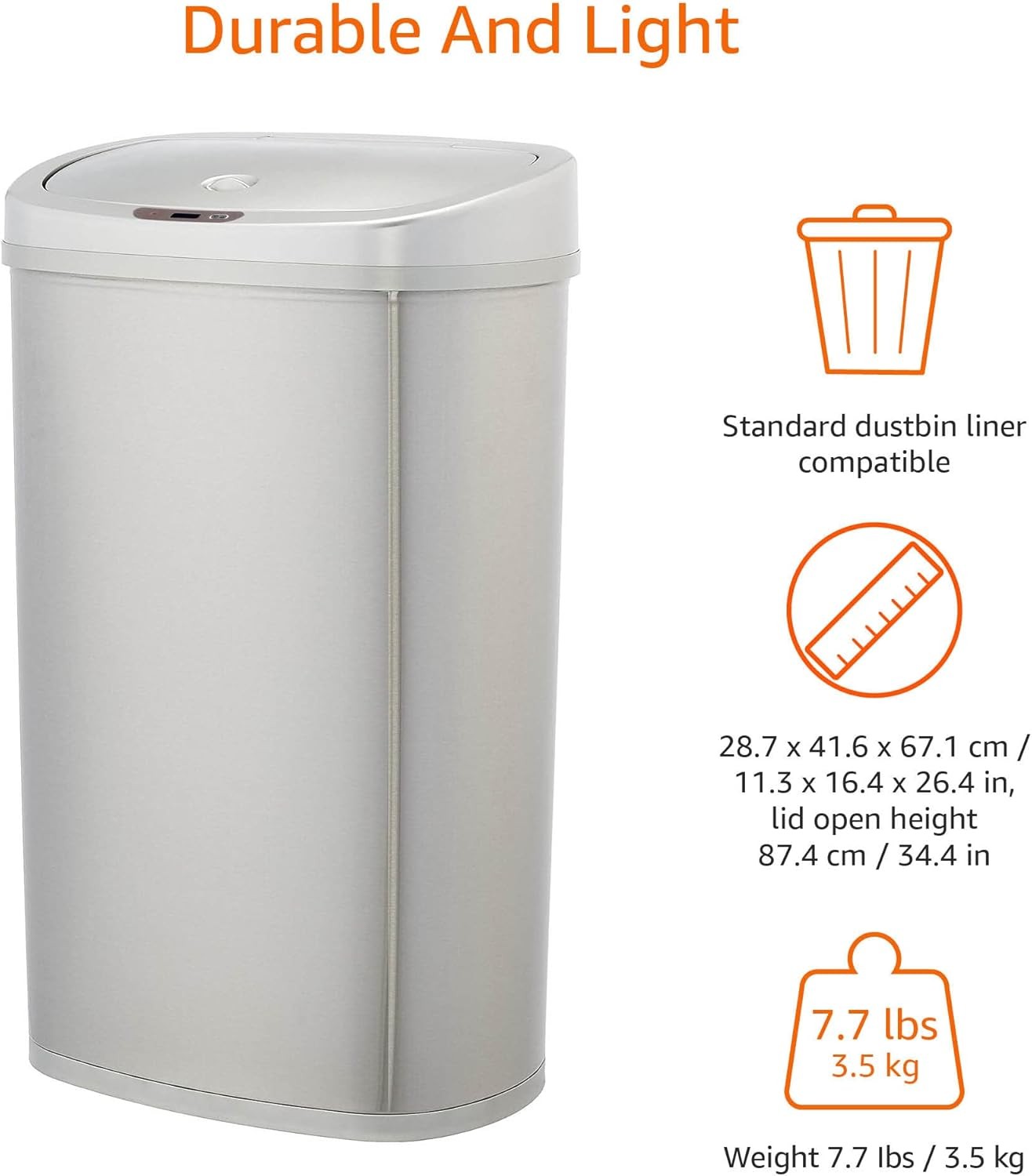 50L Stainless Steel Sensor Bin Silver Hands Free Kitchen