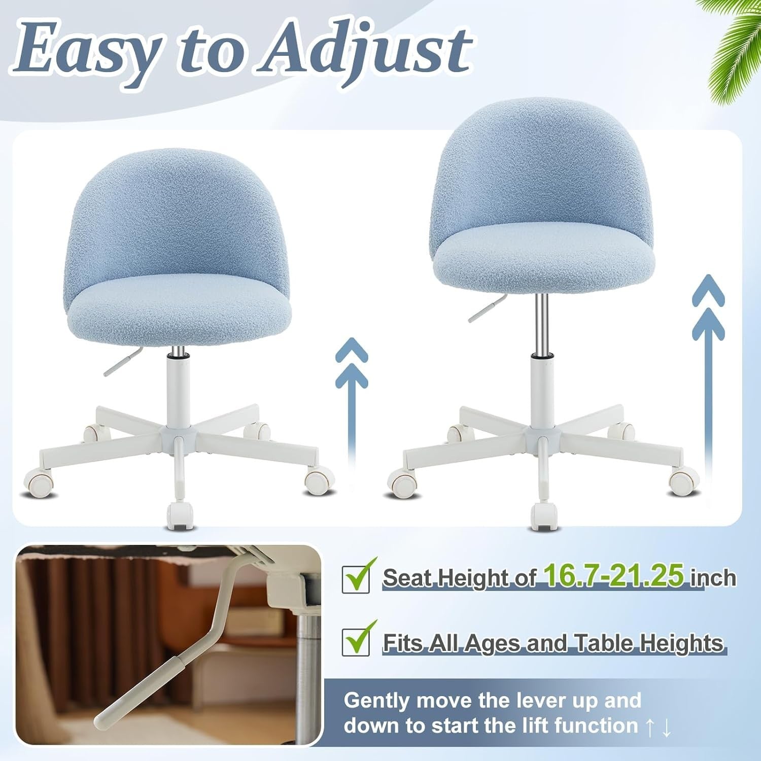 Light Blue Swivel Desk Chair Small Teddy Fleece Adjustable Vanity Seat