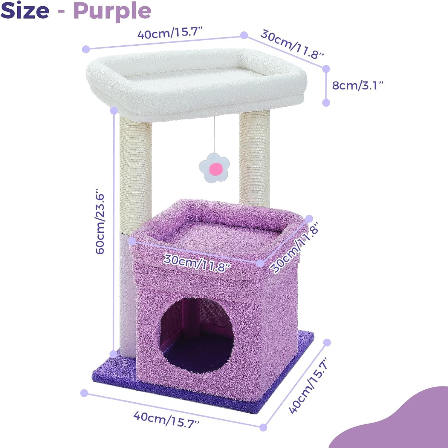 Small Cat Tree Tower with Condo Top Perch Sisal Scratching Post Purple