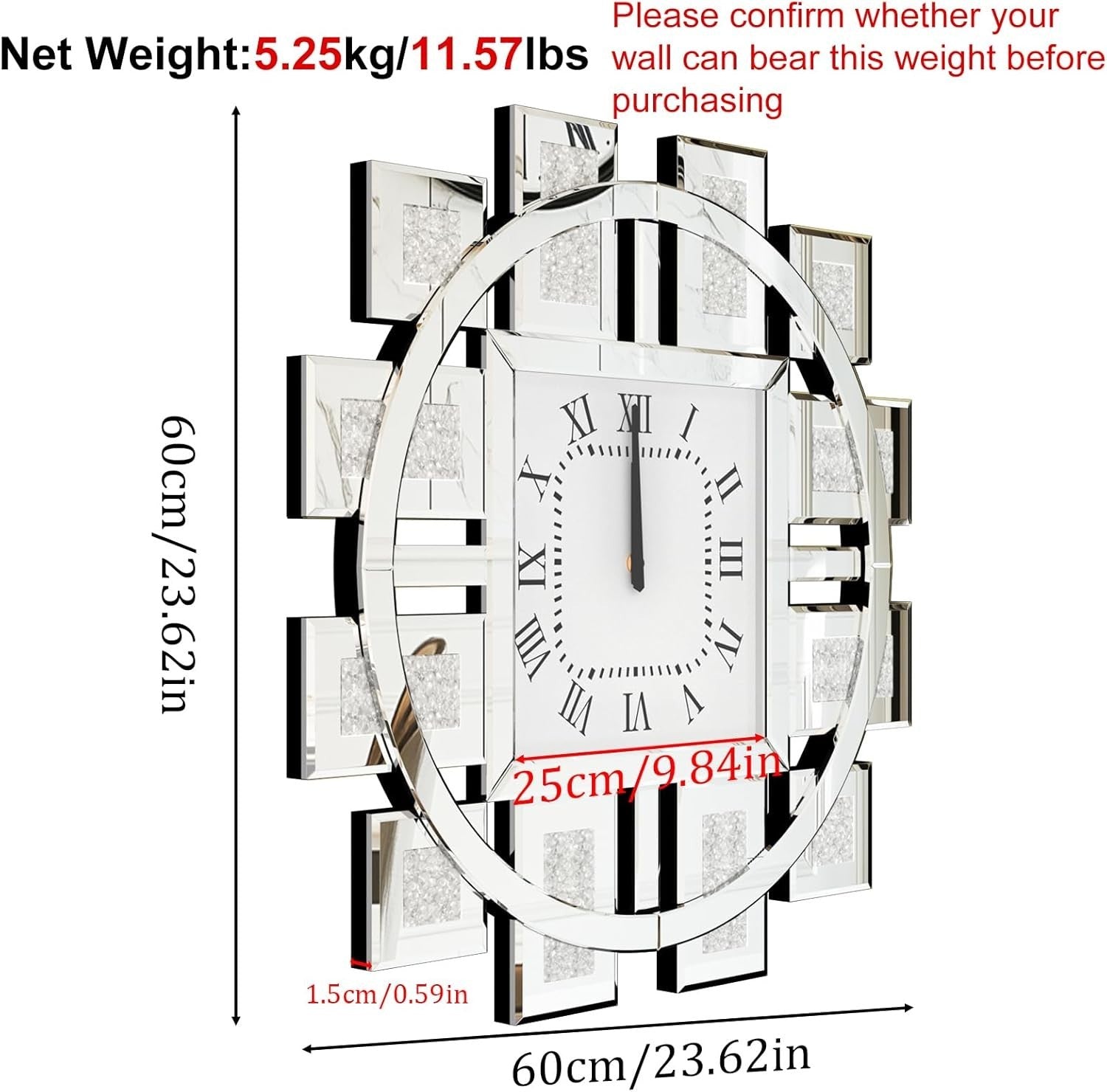 60cm Mirrored Wall Clock Crushed Diamond Inlay Roman Numerals Silent