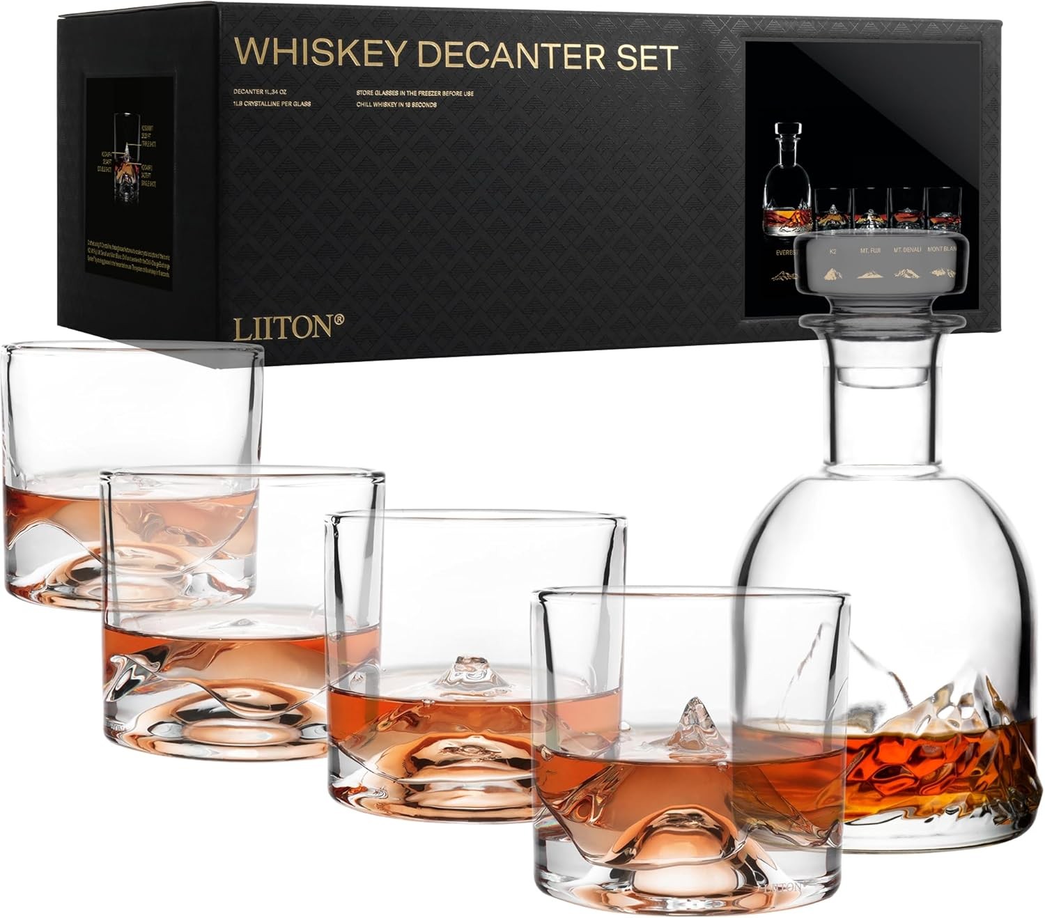Premium Mountain Peaks Whiskey Decanter Set 1000ml + 4 Freeze-Chill Glasses