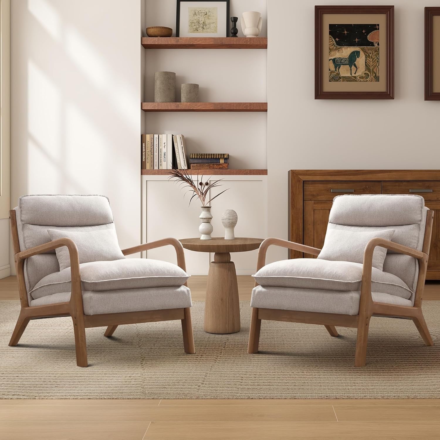 Modern Accent Armchair with Lumbar Pillow Wood Frame Beige