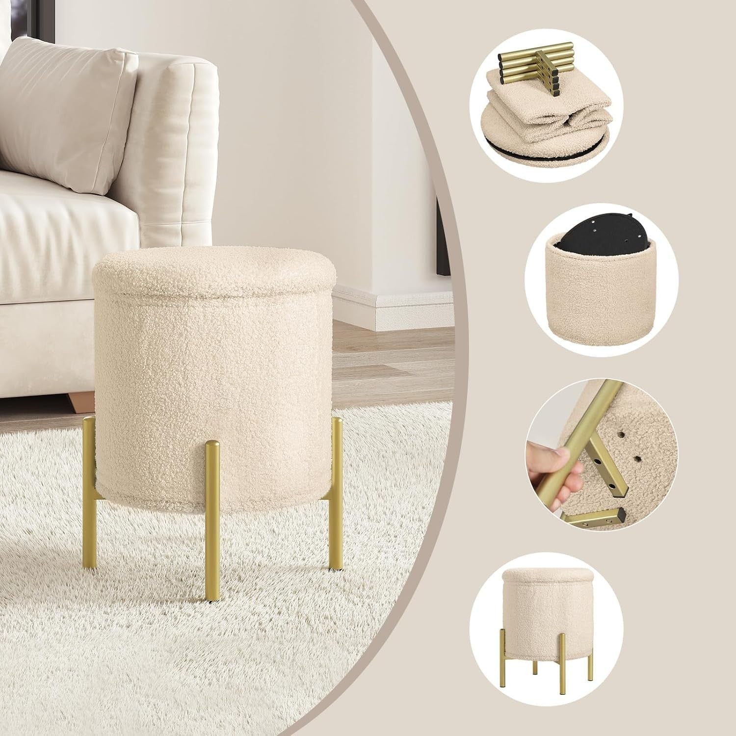 Beige Teddy Fleece Ottoman Stool with Storage Round Folding Seat 41cm