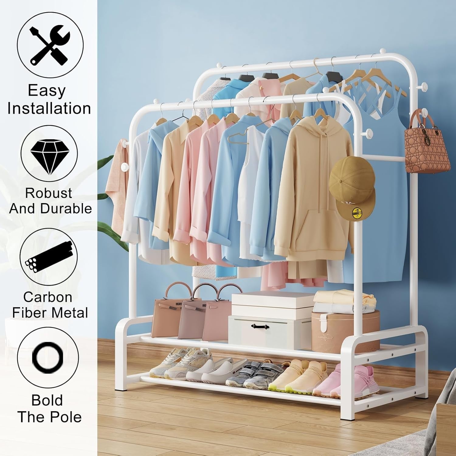 Heavy Duty Double Rail Clothes Rack with Shoe Shelves – White