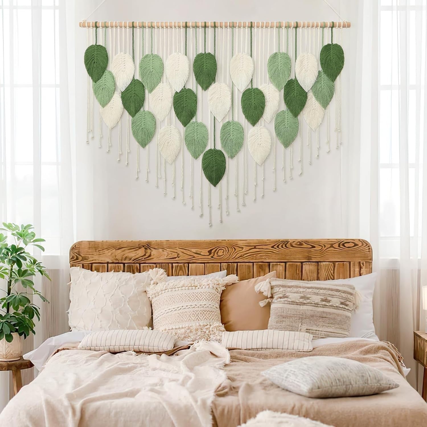 Large Boho Macrame Wall Hanging Leaf Woven Decor Green/Beige