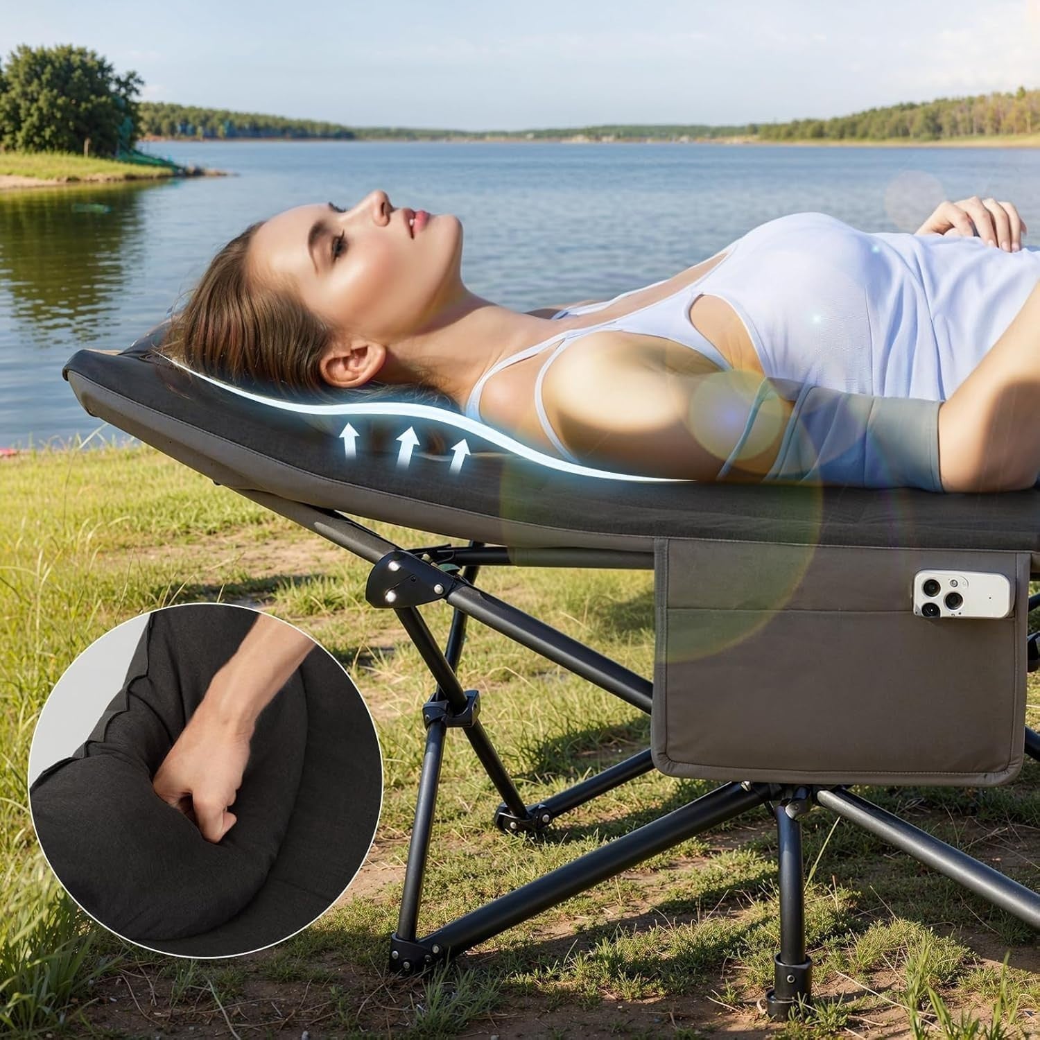 Extra Wide Folding Camping Bed with Cushion & Pillow - Portable Outdoor Cot