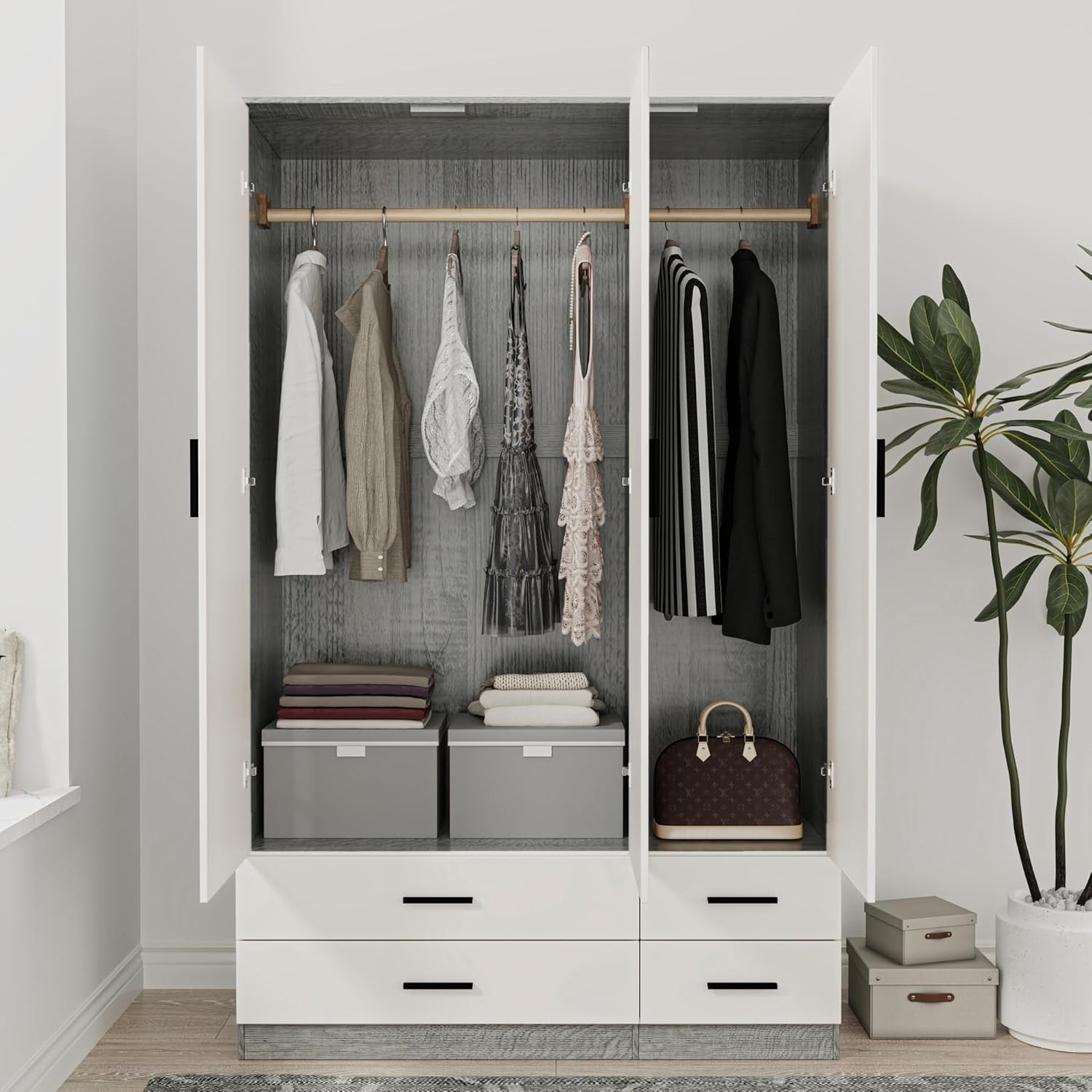 3 Door 4 Drawer Wardrobe Hanging Rail Storage Ash Grey & White Bedroom