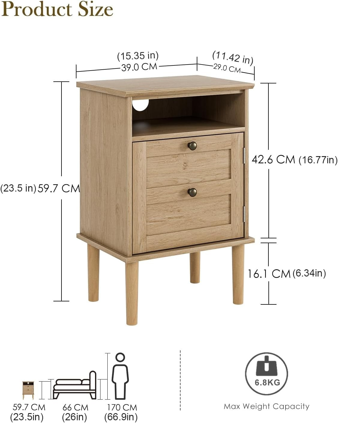 Wooden Bedside Table with Door & Open Shelf | Natural Oak Finish Nightstand