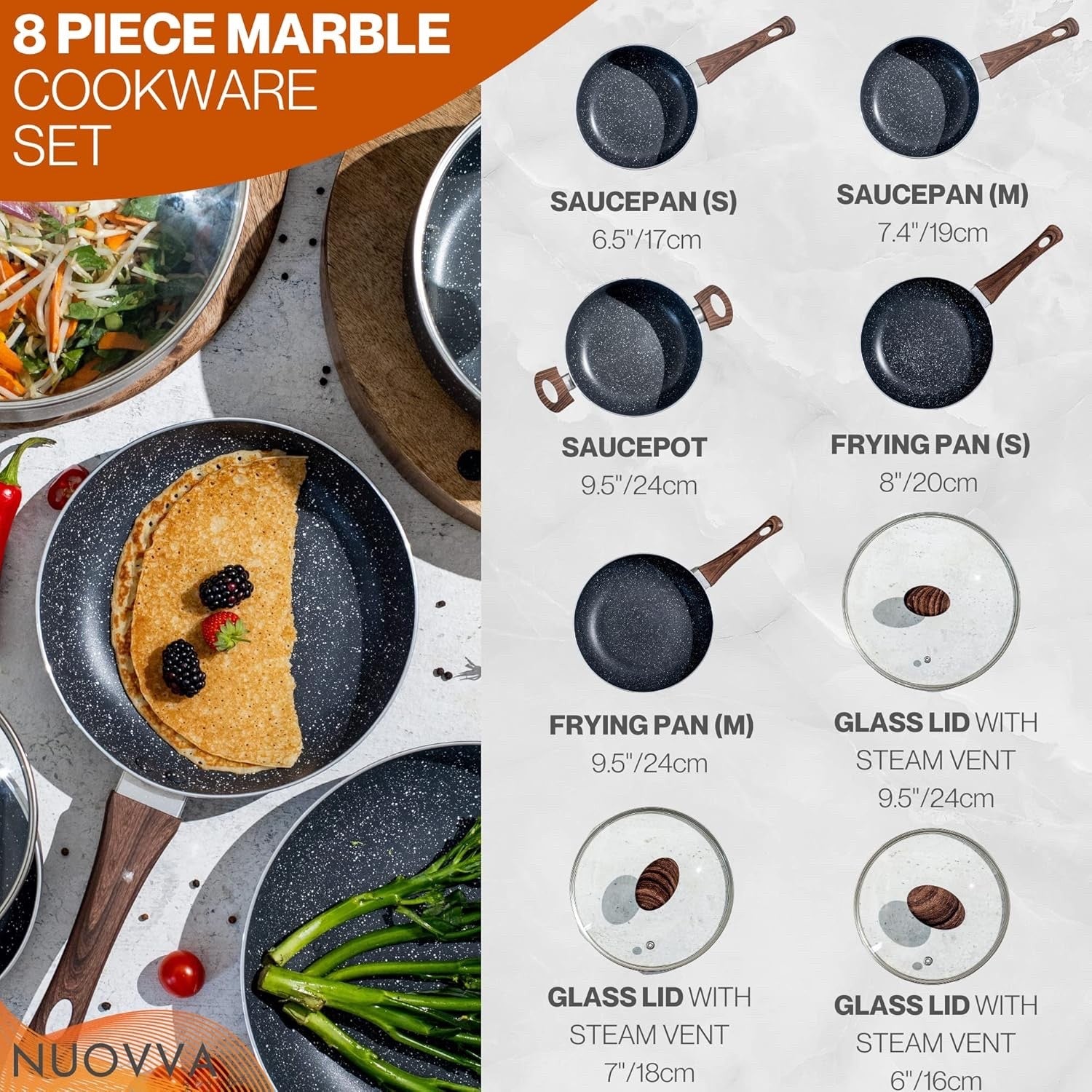8pcs Marble Non Stick Cookware Set with Lids – Induction & Gas Safe Pots