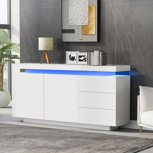 White High Gloss Sideboard LED Cabinet 2 Doors 3 Drawers Modern Unit
