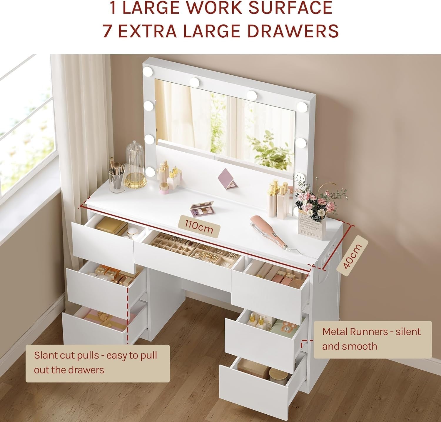 White Vanity Makeup Dressing Table w/ LED Mirror 7 Drawers Charging Station Desk