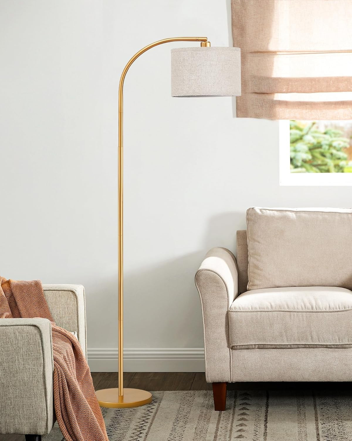 Modern Arc Floor Lamp Adjustable Linen Shade Gold Standing Light E27