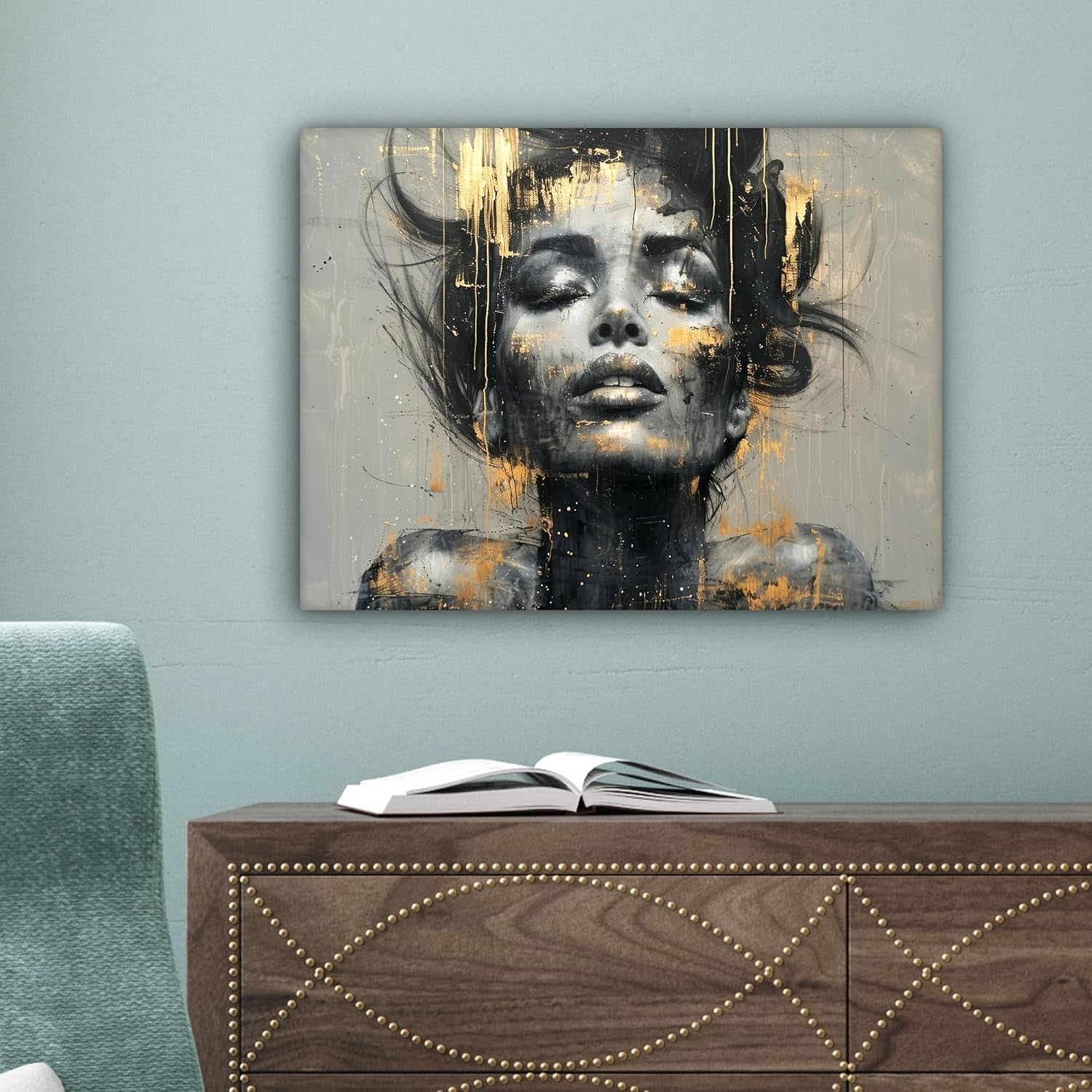Abstract Woman Canvas Wall Art 40x30cm Gold Glam Framed Print