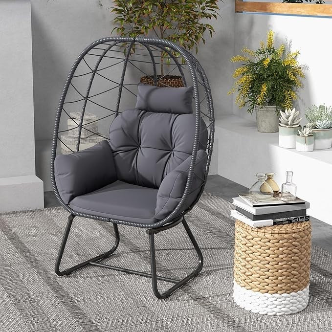 Oversized Rattan Egg Chair with Cushions & Headrest – Indoor Outdoor Lounge