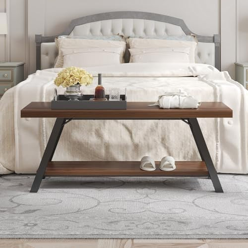 Walnut Industrial Entryway Storage Bench Metal Frame Shoe Rack Seat for Hallway