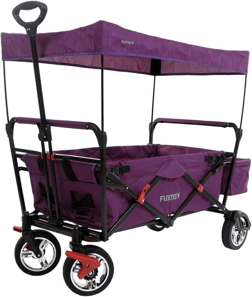 Purple Kids Folding Wagon Push Pull Stroller Cart w/ Canopy & Storage Bag