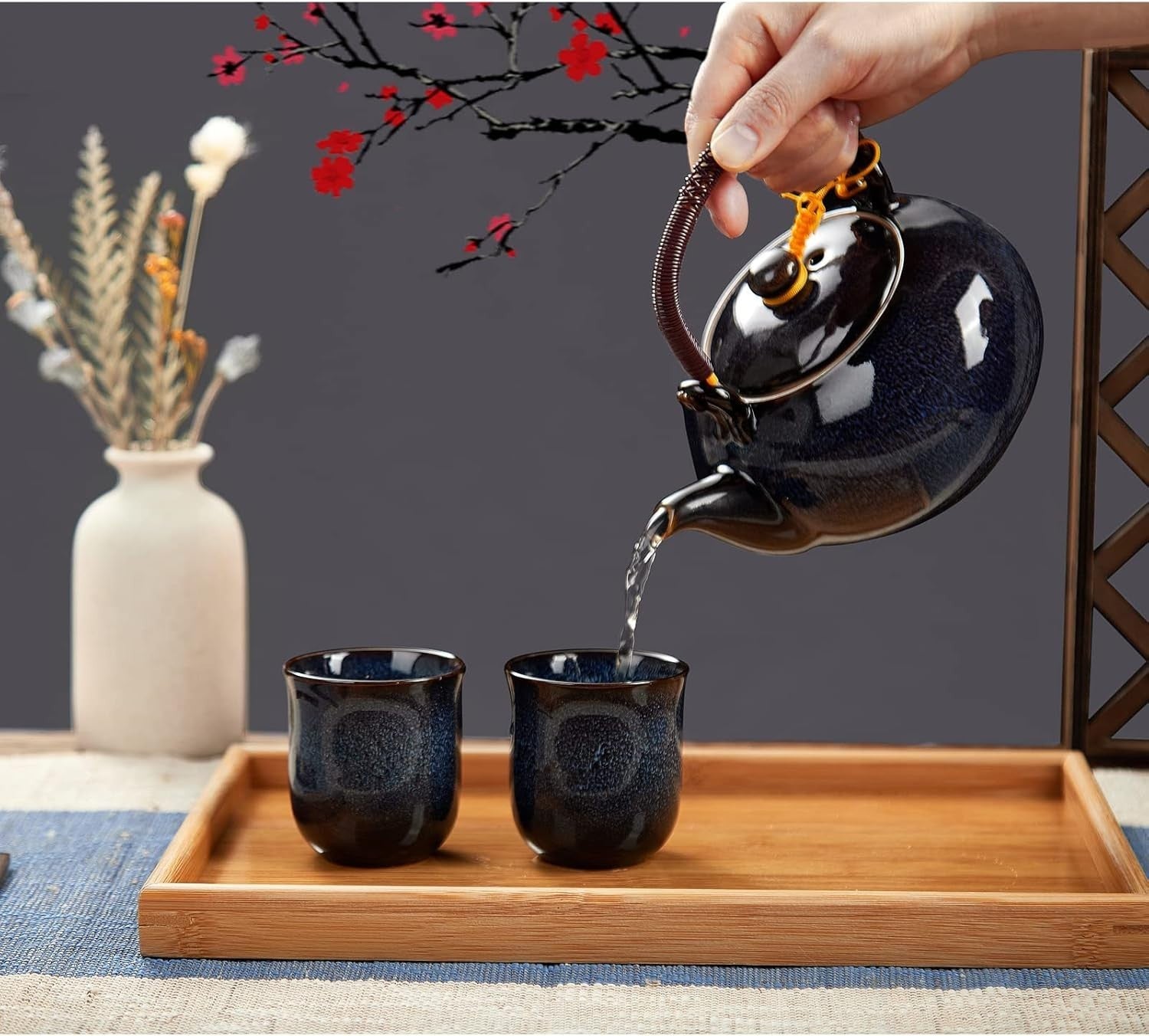 Japanese Tea Set Porcelain Teapot 6 Cups Bamboo Tray Dark Blue