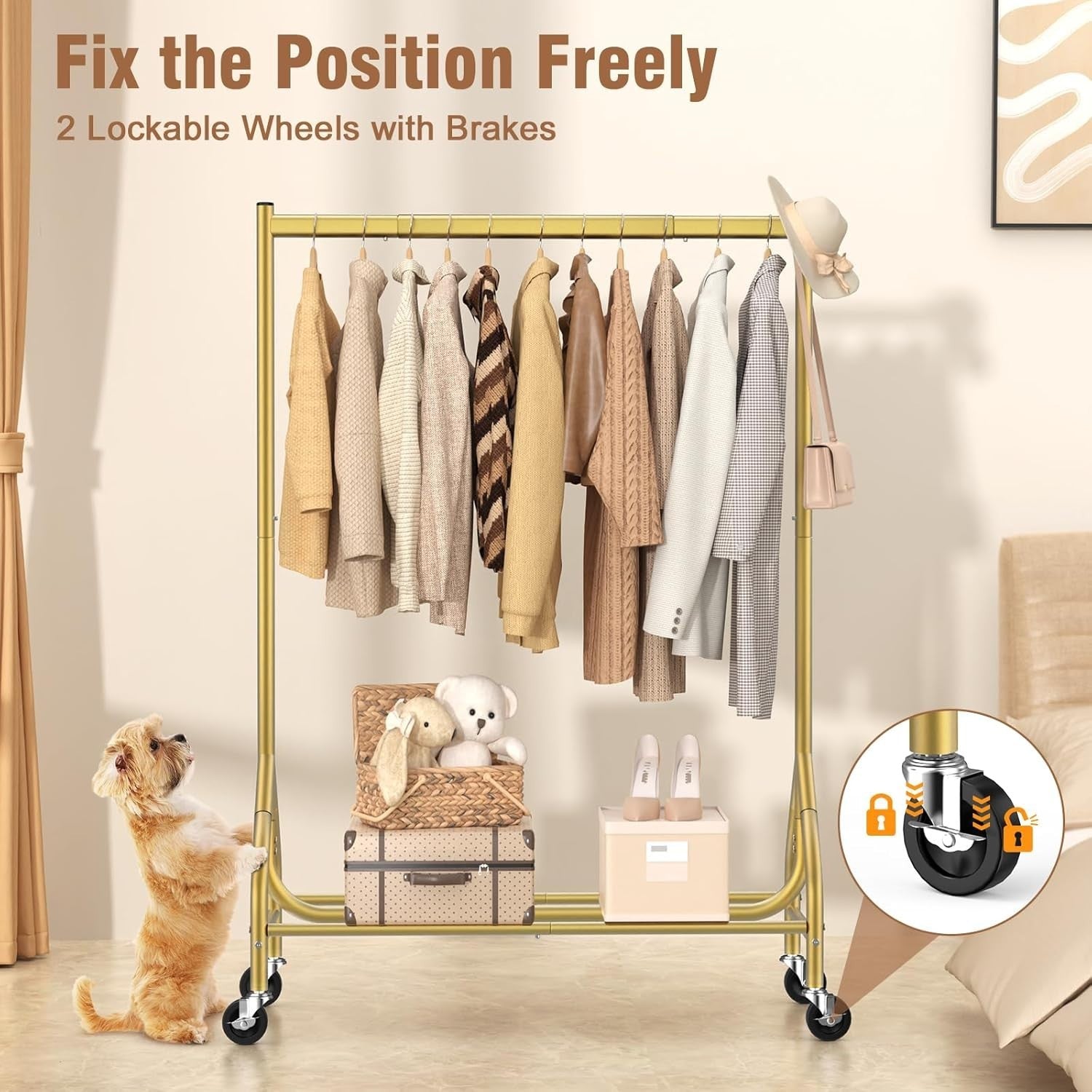 Gold Heavy Duty 180KG Clothes Rail With Wheels Metal Rack