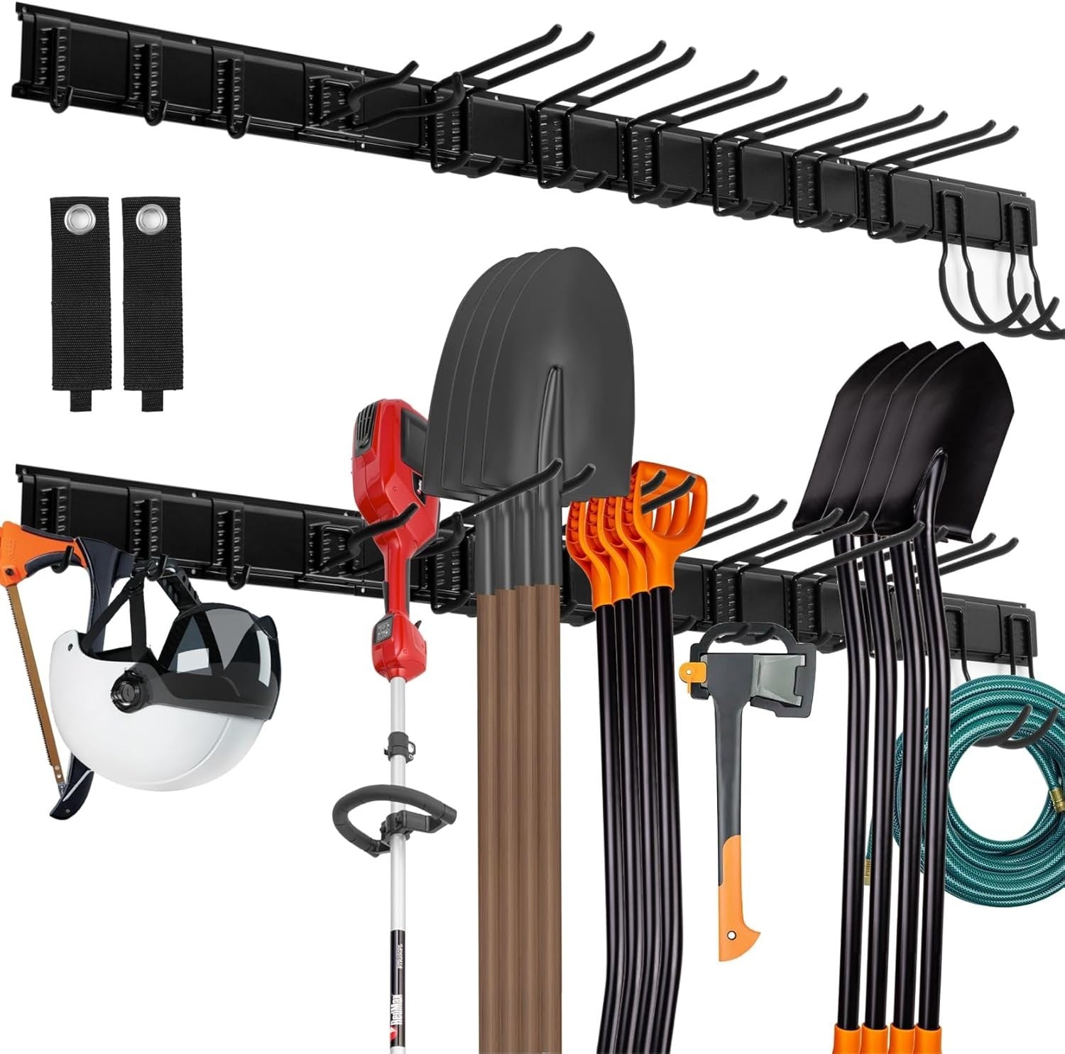 Garage Tool Rack Wall Mounted 12 Adjustable Hooks 2 Semicircle Black
