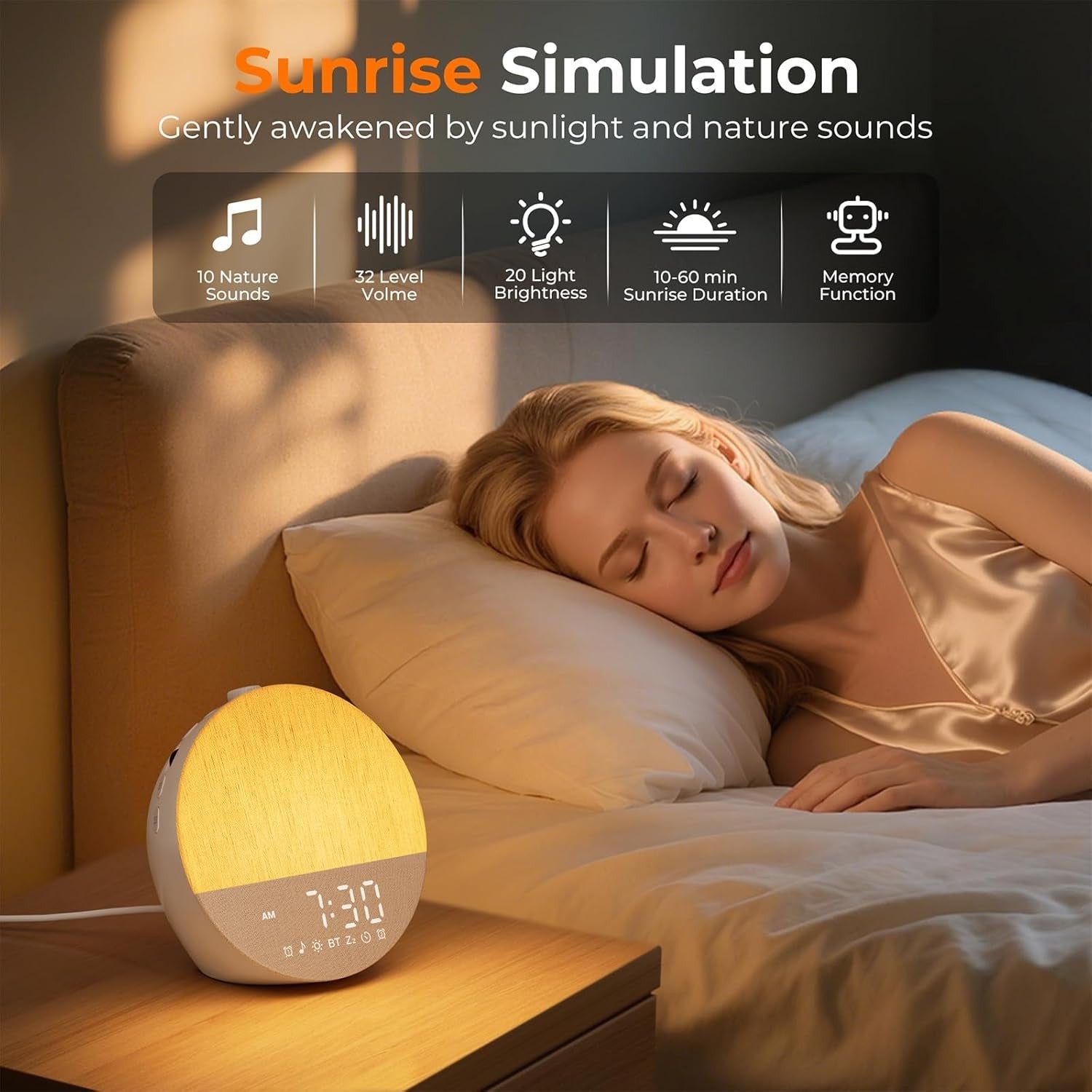 Sunrise Alarm Clock Wake Up Light White Noise Bluetooth Dual Alarm