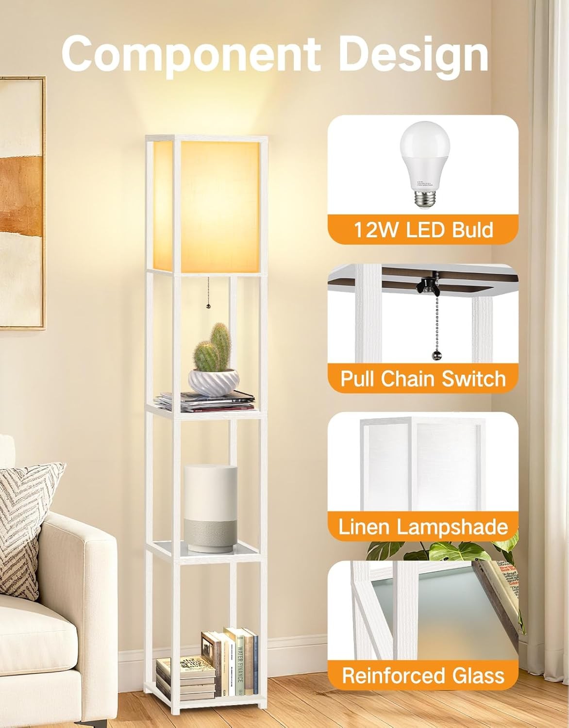 Floor Lamp with Shelves LED Adjustable Colour Standing Storage Light White