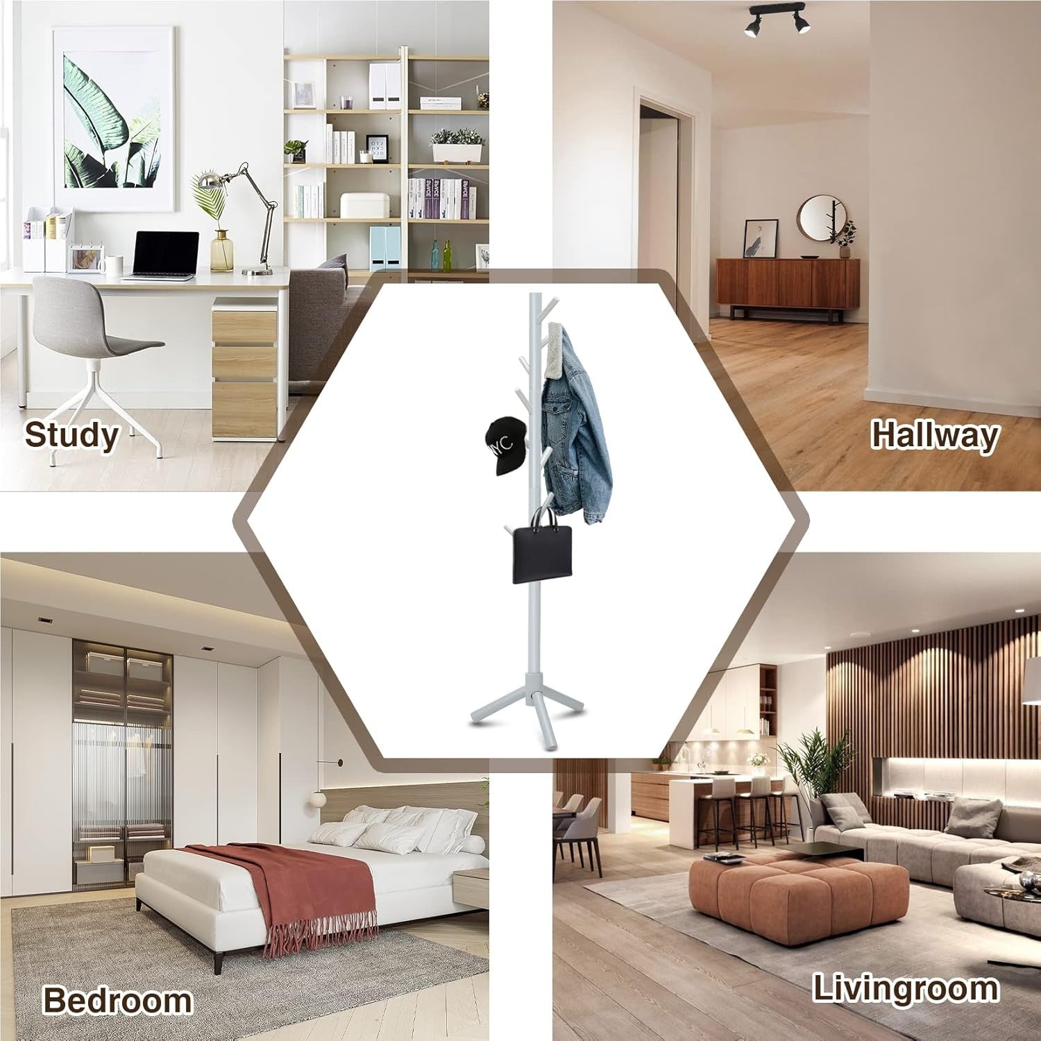 Grey Wooden Coat Rack Stand 8 Hooks Adjustable Hall Tree for Coats Hats Bags