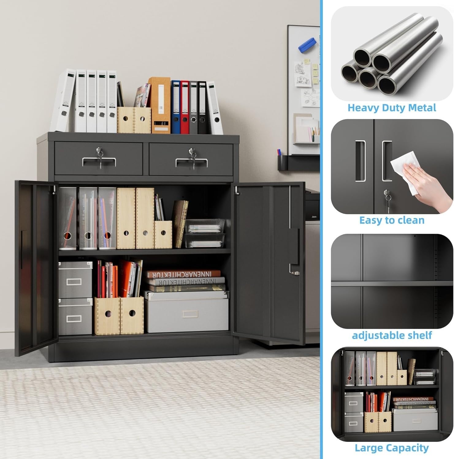 Lockable Metal Storage Cabinet 2 Doors 2 Drawers Adjustable Shelves - 92x80x40cm