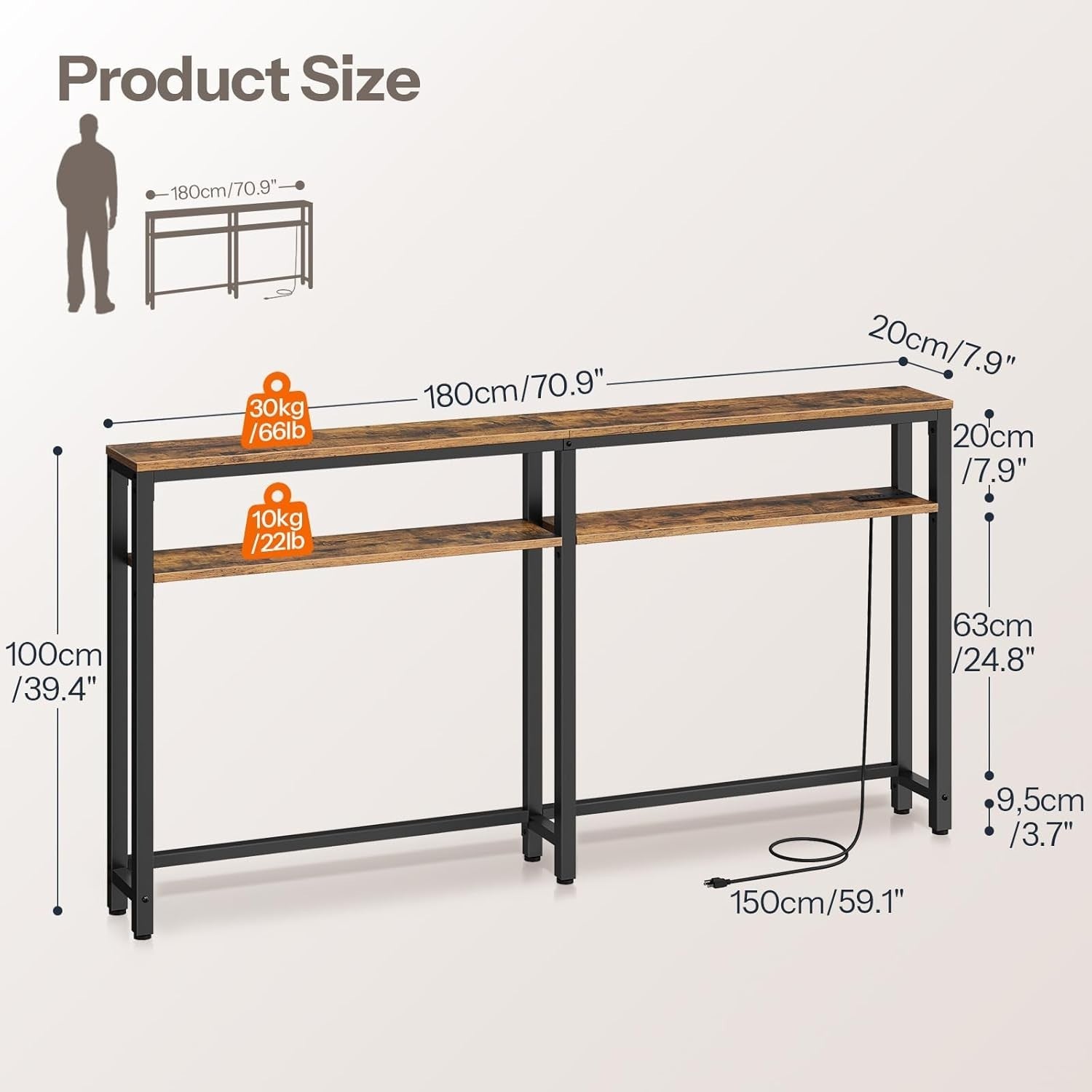 Slim Console Table 180x20x100cm Adjustable Shelf USB Charging Station