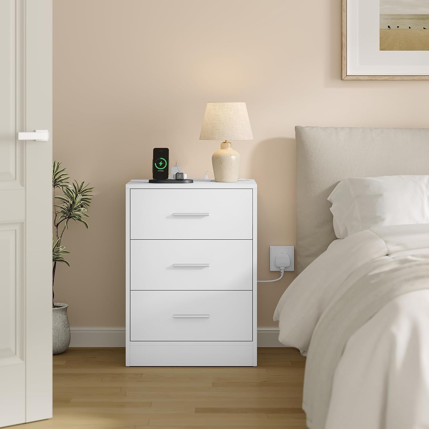 Pair of White 3 Drawer Bedside Tables with Charging Station – Modern Nightstands