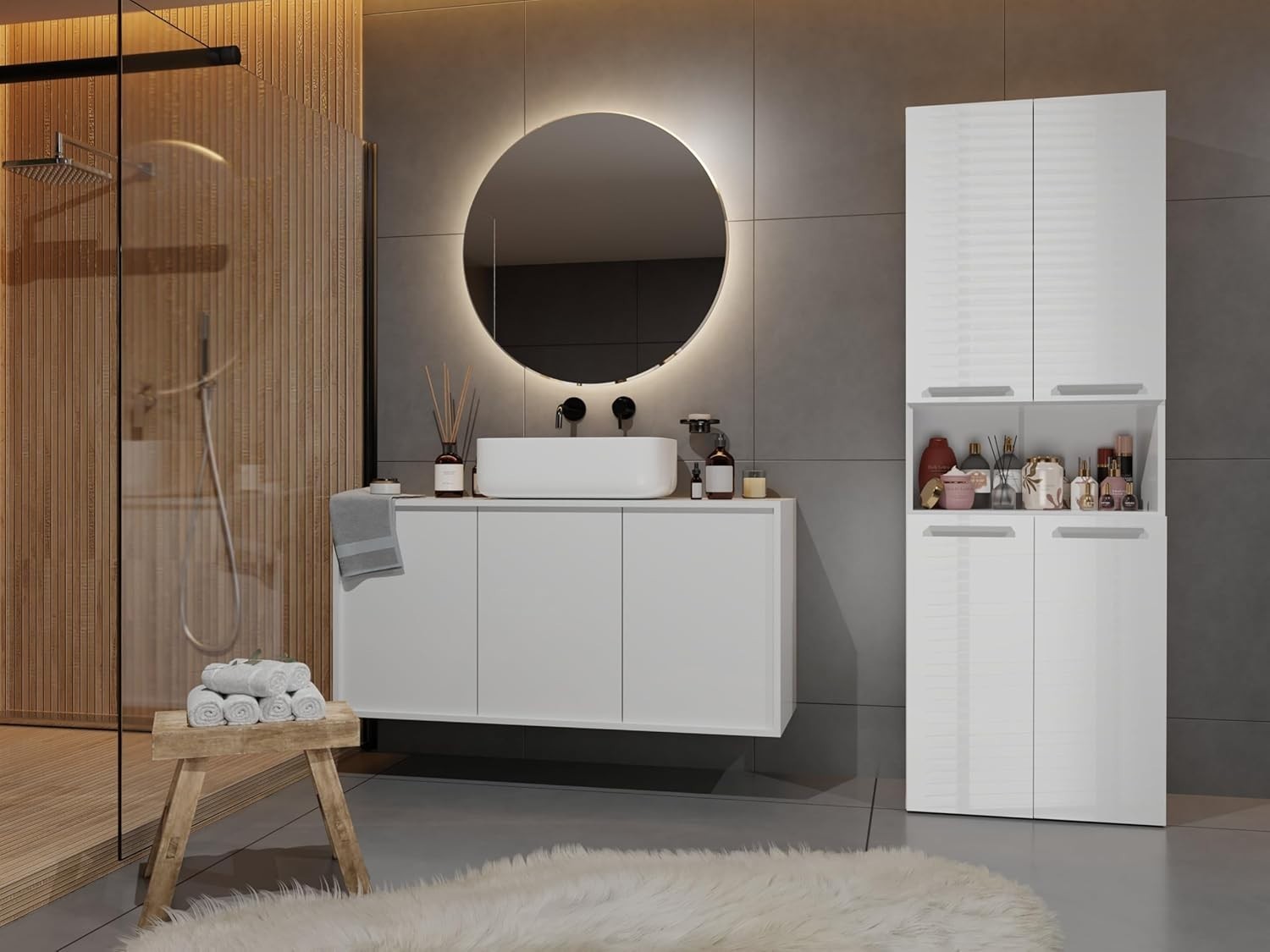 Modern White Gloss Bathroom Tall Storage Cabinet with Laundry Basket