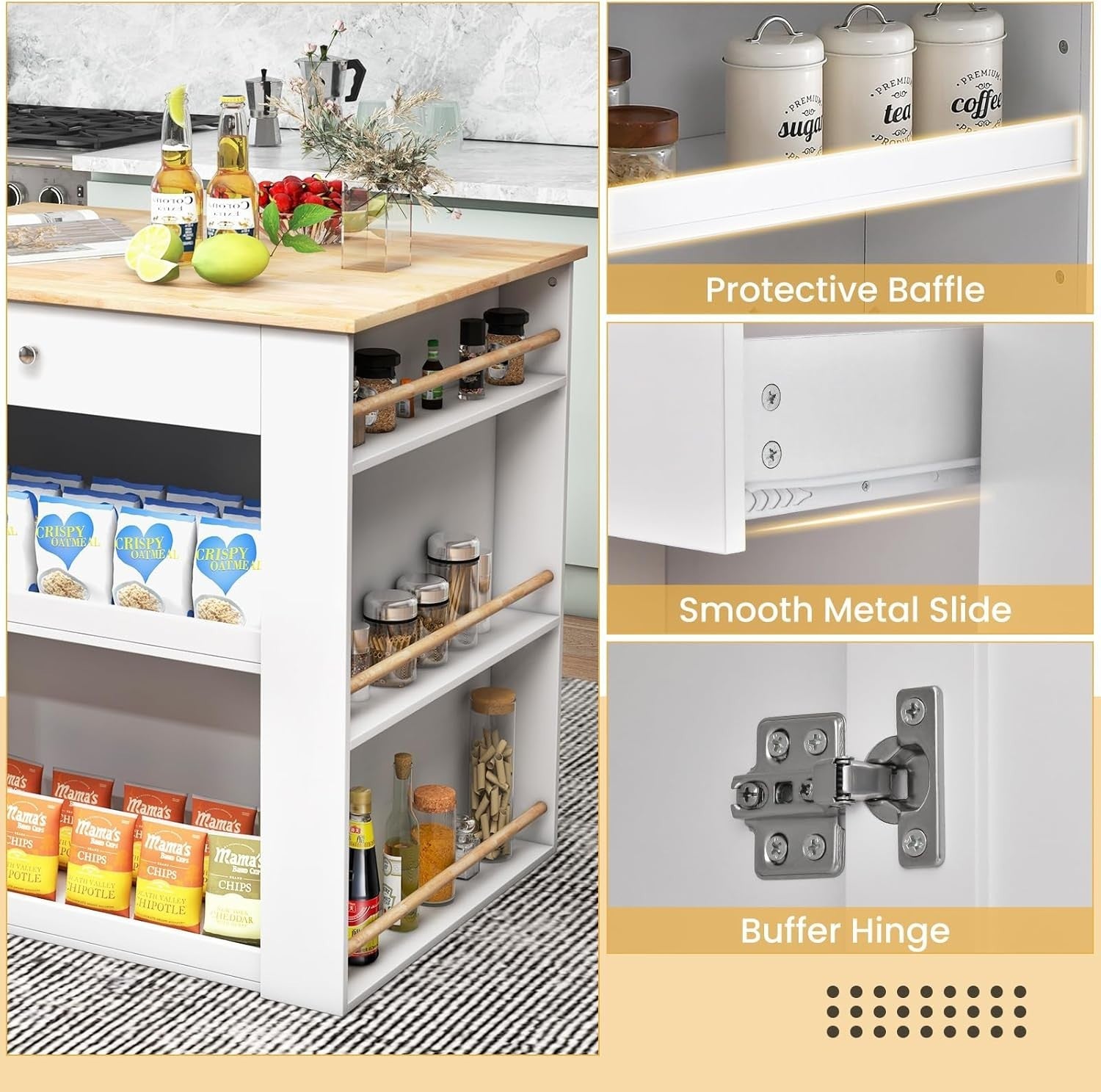 Rolling Kitchen Island Cabinet with Rubber Wood Top, Drawer & 6 Spice Racks
