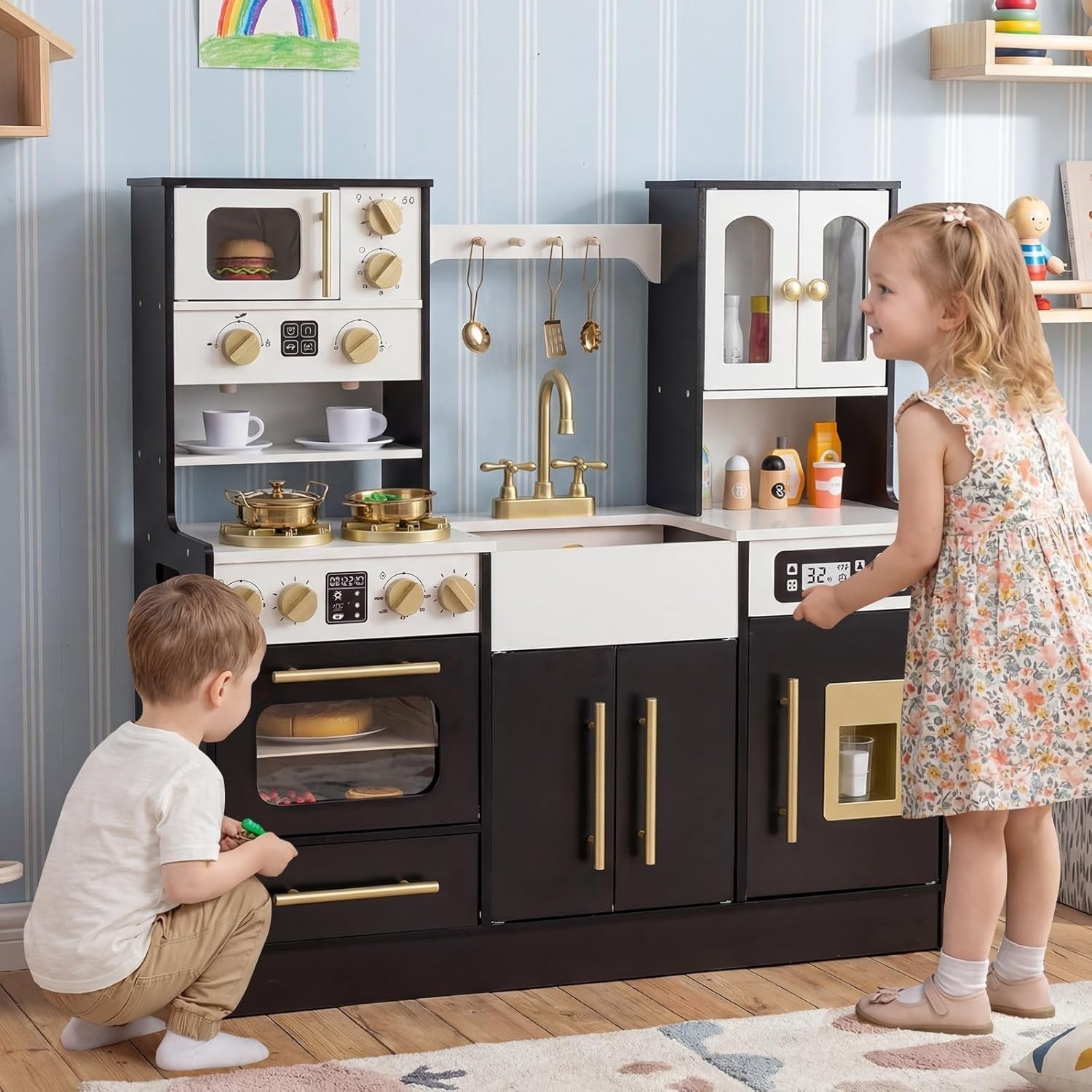 Kids Wooden Play Kitchen w/ Lights Sounds Ice Maker Black Set