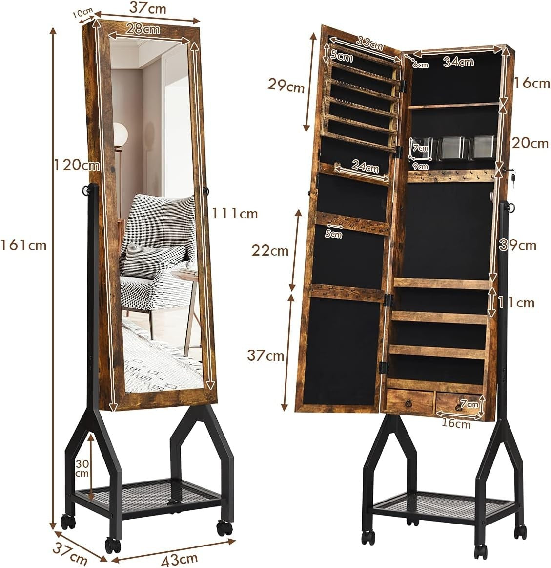 Brown Rolling Jewellery Cabinet Lockable Full Length Mirror Mobile Storage