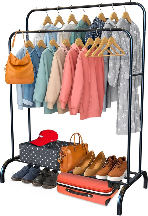 Heavy Duty Double Clothes Rail with Shoe Shelf - Black