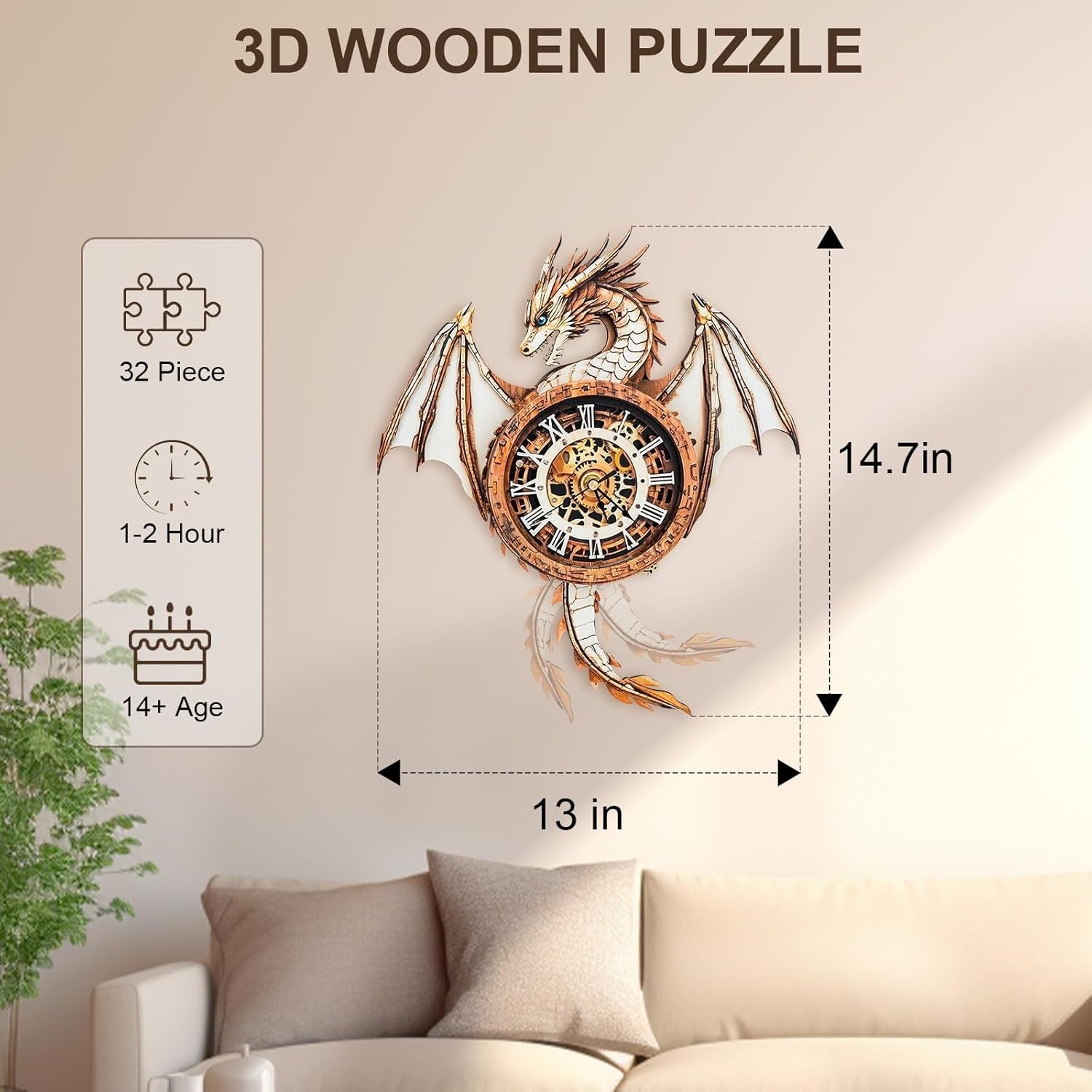 3D Dragon Wall Clock Puzzle Kit with Mechanical Pendulum & Vintage Design