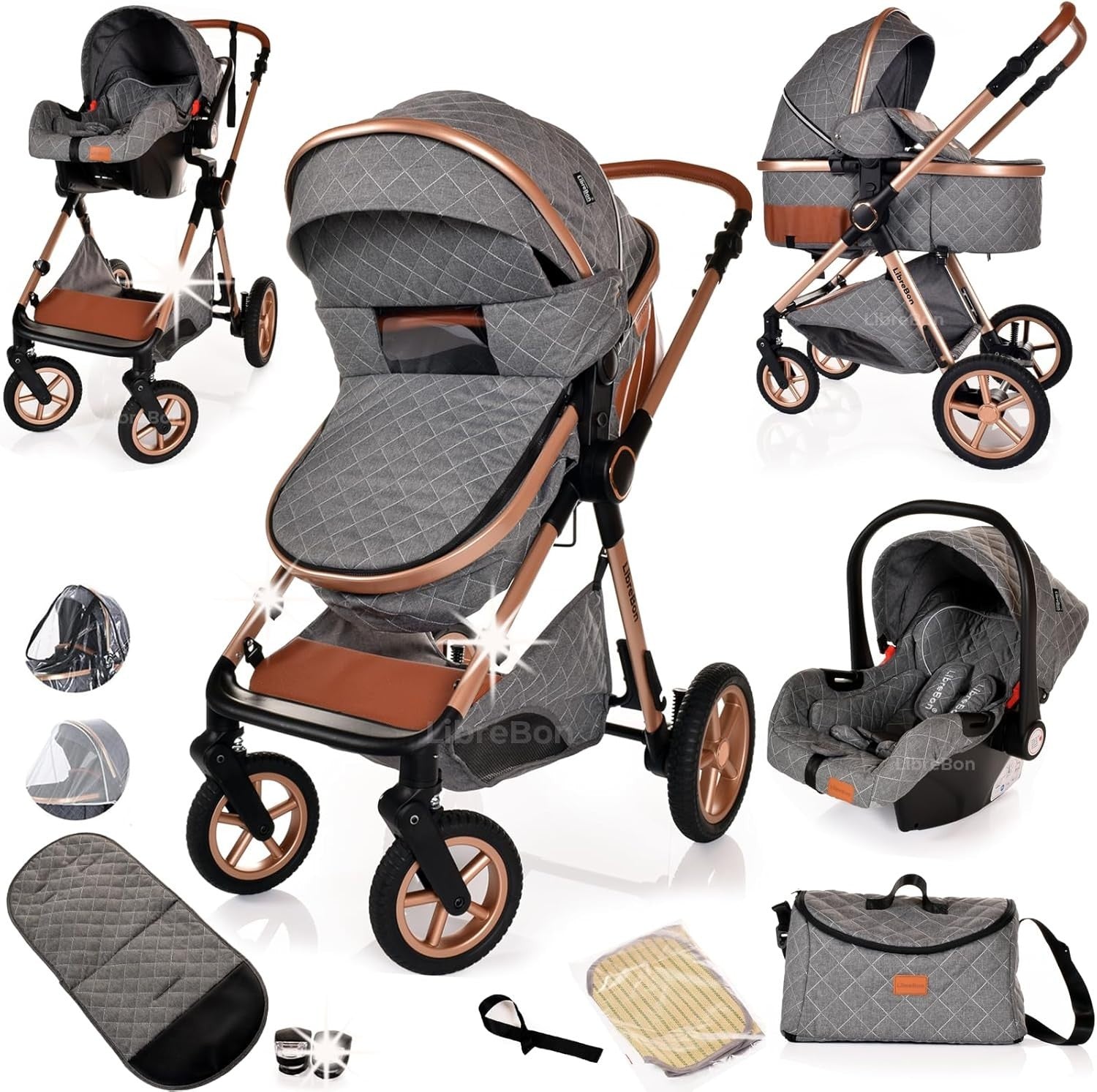 Luxury 3in1 Baby Pram Pushchair Car Seat Foldable Rose Gold Grey