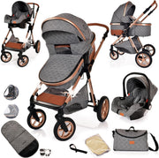 Luxury 3in1 Baby Pram Pushchair Car Seat Foldable Rose Gold Grey