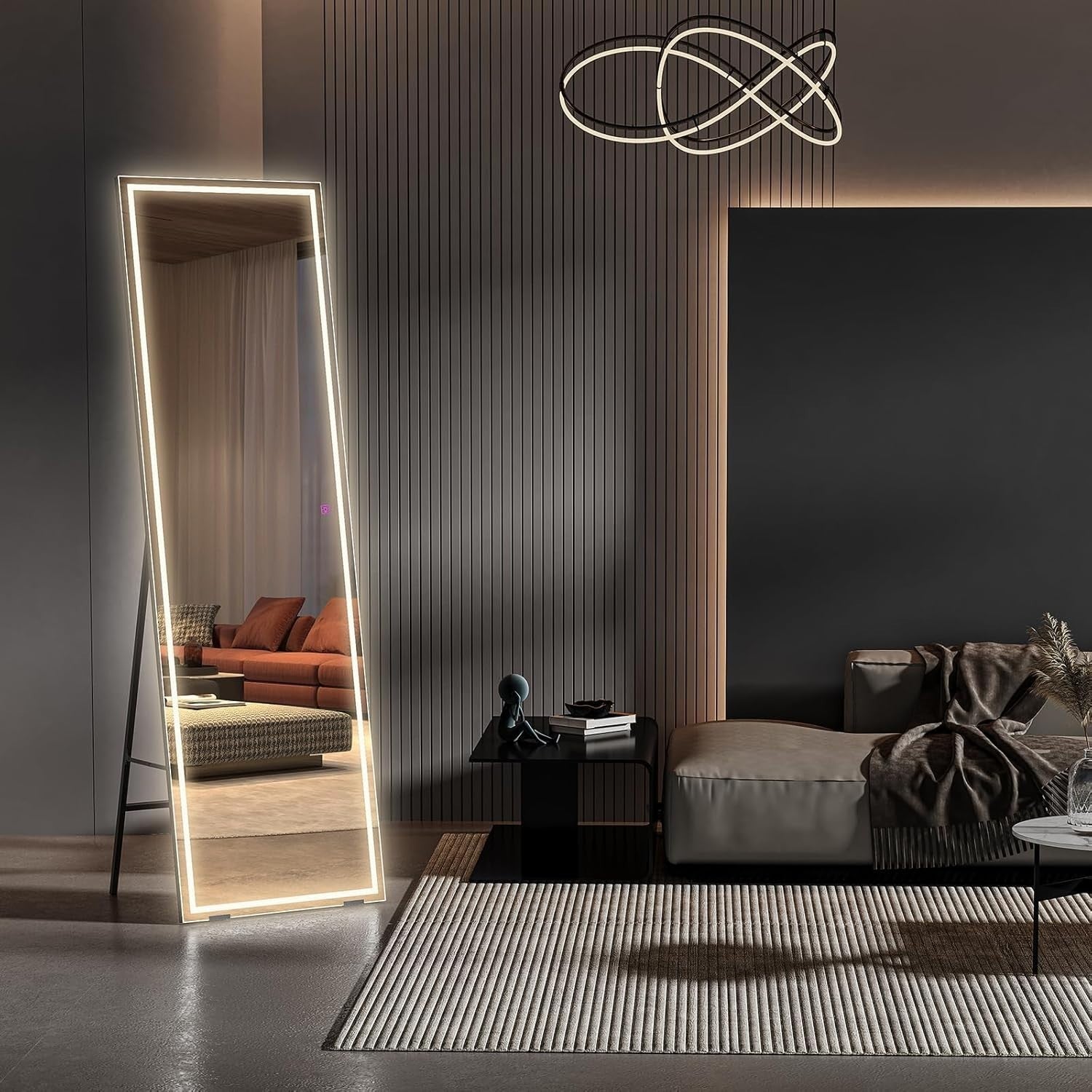 Full Length LED Mirror 160x40cm Wall Mounted Touch Dimmer Black Frame